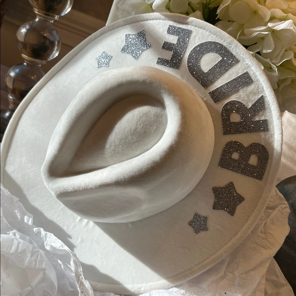 White Bride Party Hat with Sparkling Silver Accents NWT